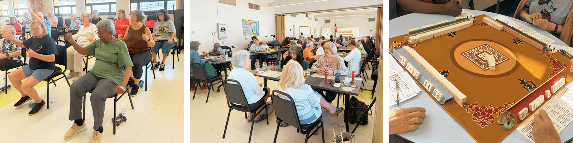 Senior Center Activities Older adults exercising, having lunch, and playing board games at the Senior Center