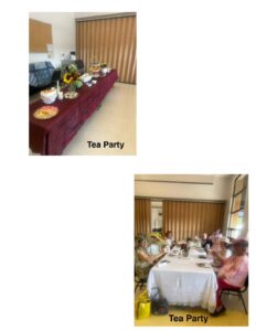 Older adults in fancy hats at the tea party