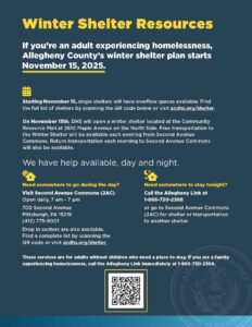 Winter Shelter Resources, call Allegheny Link at 1-866-730-2368