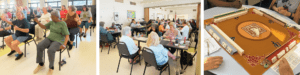 Older adults exercising, having lunch, and playing board games at the Senior Center